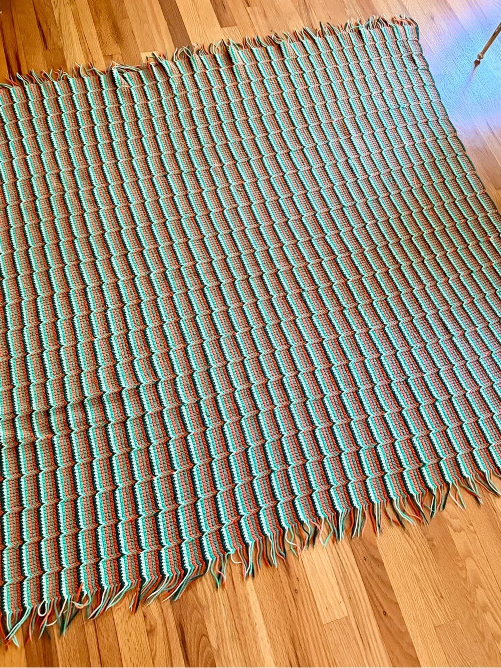 70s Vintage Handmade Crochet Flame Stitch Chevron Afghan Throw Blanket Fringe